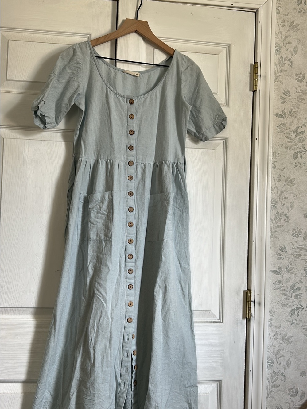 Light Blue Button-Front Midi Dress with Pockets